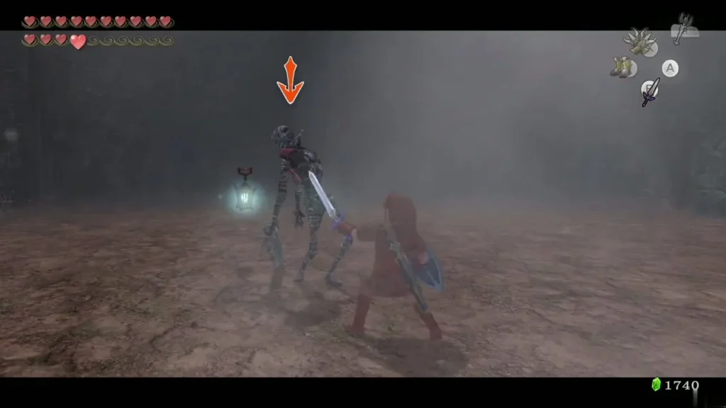 Link facing a Gibdo across a misty stone floor with its lock-on arrow visible Link facing a Gibdo across a misty stone floor with its lock-on arrow visible