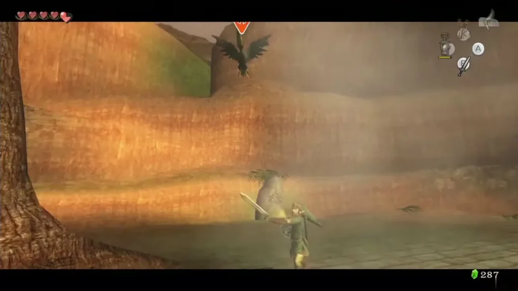 Link with his sword out below a black Guay bird in Hyrule Field Link with his sword out below a black Guay bird in Hyrule Field