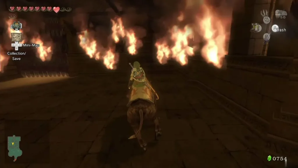 Link riding a Bullbo past flames in the Bulblin camp Link riding a Bullbo past flames in the Bulblin camp