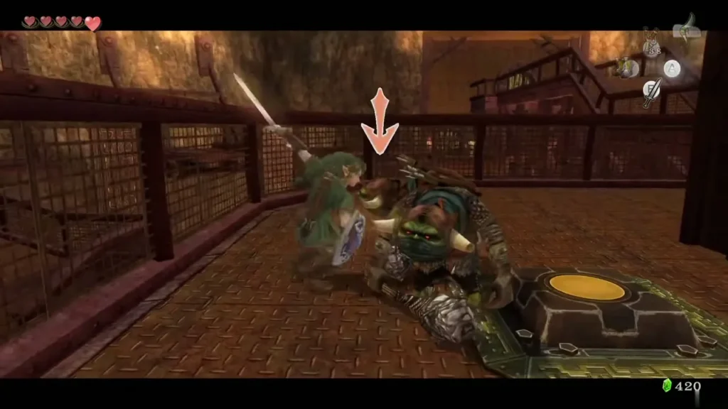 Link shield-bashing a Bulblin on a grated floor Link shield-bashing a Bulblin on a grated floor
