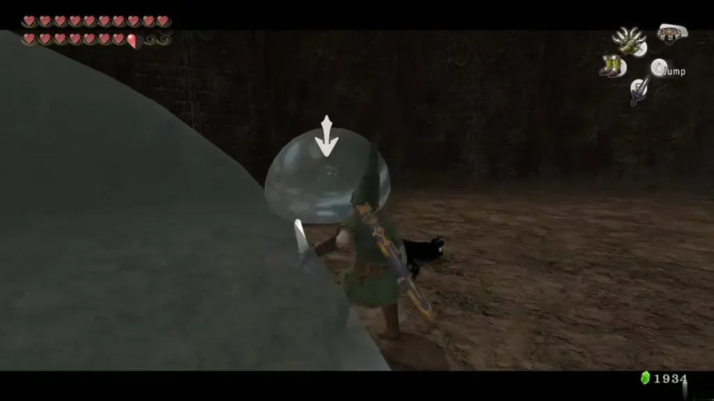 Link slashing a clear Chu in a dim cavern and sending debris flying Link slashing a clear Chu in a dim cavern and sending debris flying