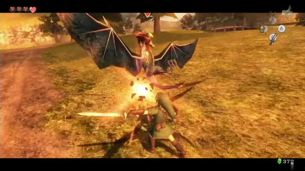 Link slashing a Kargarok in the air over Hyrule Field Link slashing a Kargarok in the air over Hyrule Field