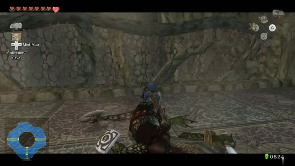 Link standing over a fallen lizard warrior on a stone floor Link standing over a fallen lizard warrior on a stone floor