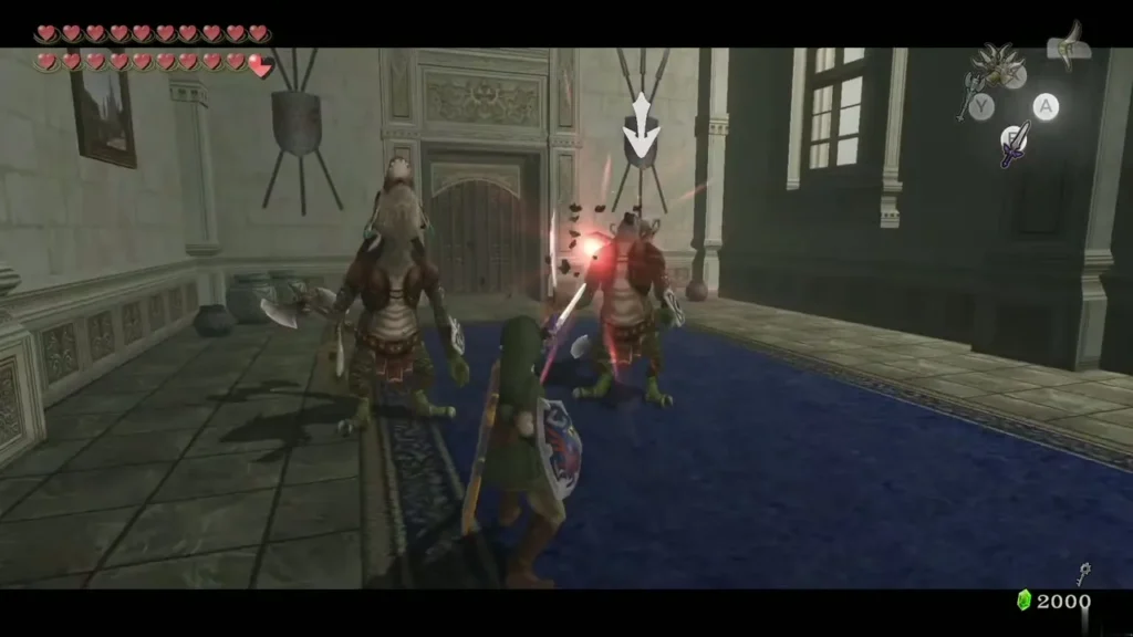 Two lizard warriors attacking Link in a castle hall with a blue carpet Two lizard warriors attacking Link in a castle hall with a blue carpet