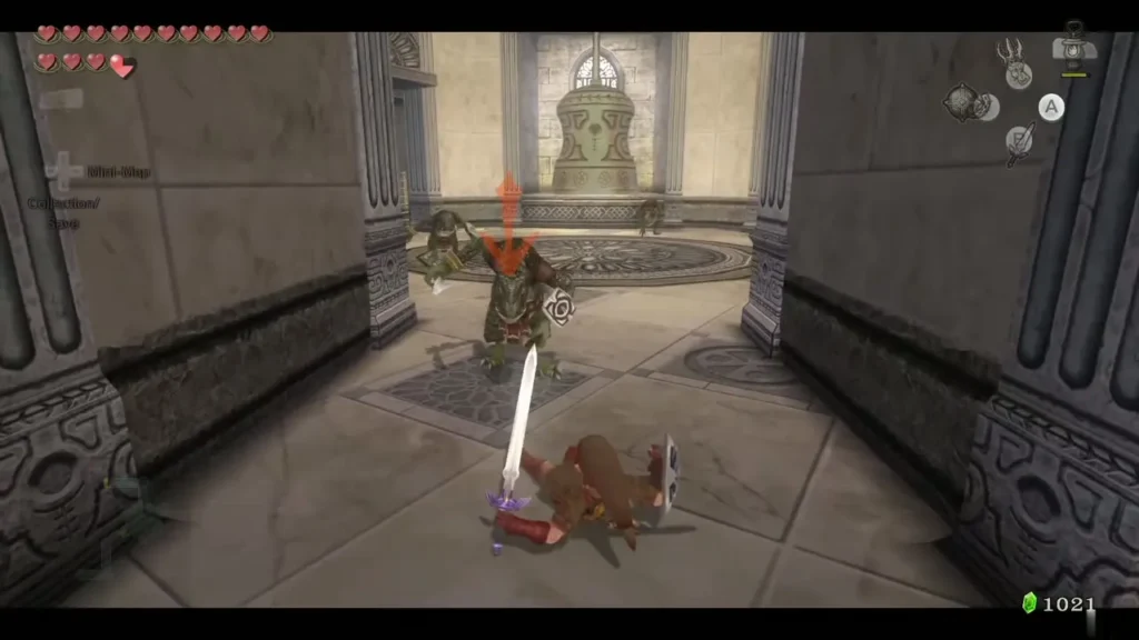 Link sword-fighting a green lizard warrior in a stone temple hall Link sword-fighting a green lizard warrior in a stone temple hall