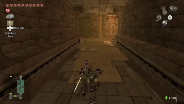Dark mites crawling around Link in a long sandy stone hall Dark mites crawling around Link in a long sandy stone hall