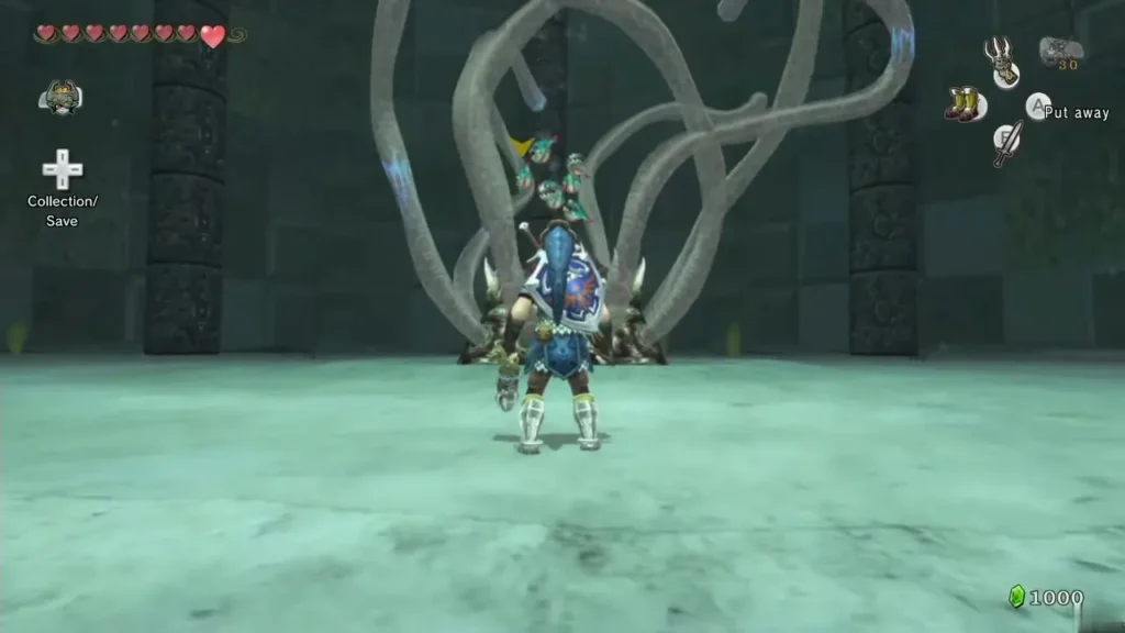 Link standing in front of Morpheel as its tentacles rise in the Lakebed Temple Link standing in front of Morpheel as its tentacles rise in the Lakebed Temple
