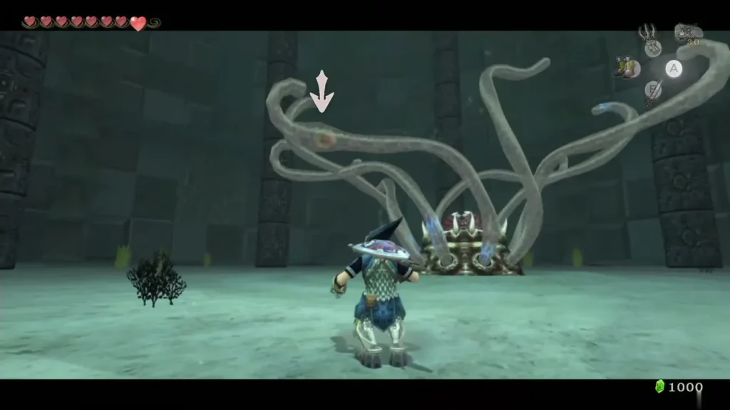 Link facing Morpheel and its tentacles in the Lakebed Temple chamber Link facing Morpheel and its tentacles in the Lakebed Temple chamber