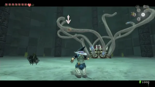 Link facing Morpheel and its tentacles in the Lakebed Temple chamber Link facing Morpheel and its tentacles in the Lakebed Temple chamber