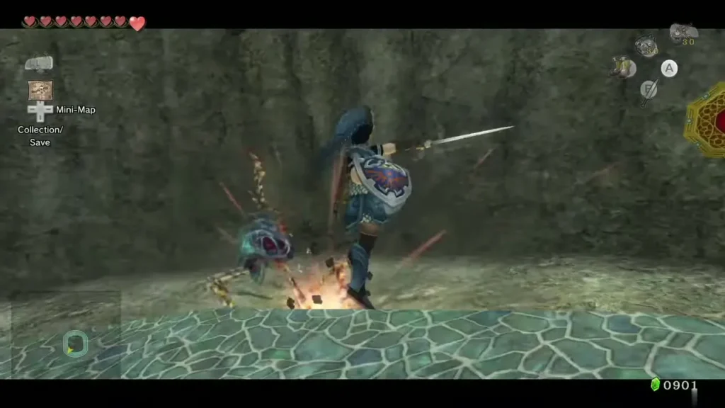 Link lunging at a one-eyed jumper on the Lakebed Temple water path Link lunging at a one-eyed jumper on the Lakebed Temple water path