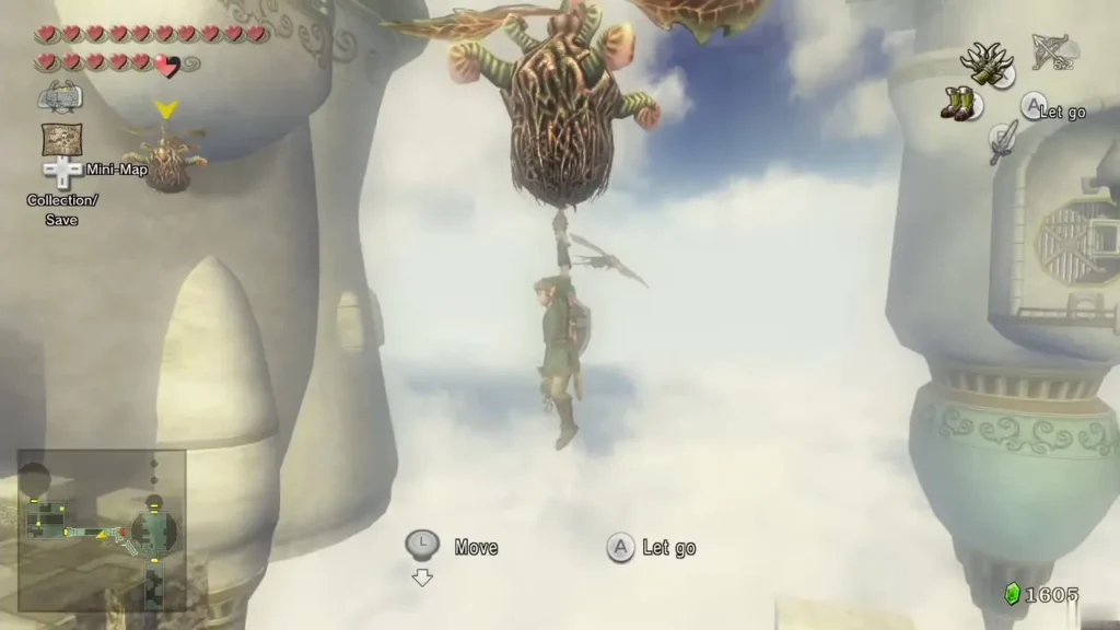 Link dangling from a Peahat above the City in the Sky Link dangling from a Peahat above the City in the Sky