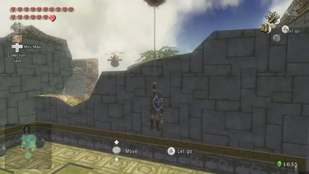 Link hanging from a Peahat rope beside a stone wall Link hanging from a Peahat rope beside a stone wall