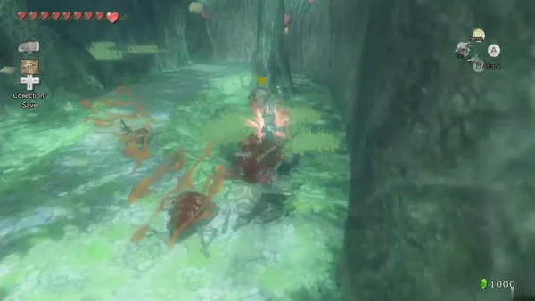 Link fighting red puppets in a green forest grove Link fighting red puppets in a green forest grove
