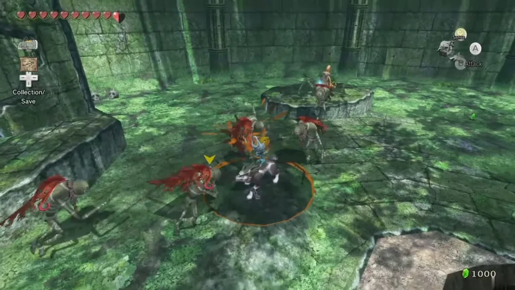 Link surrounded by red puppets inside a circular arena Link surrounded by red puppets inside a circular arena