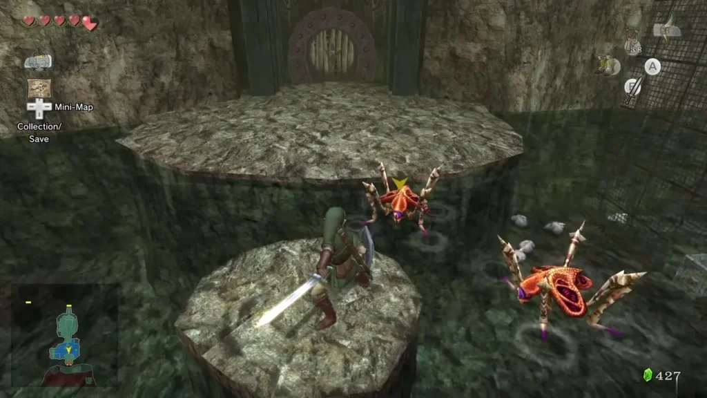Link with sword drawn on a stump in the Goron Mines pool next to a red tektite Link with sword drawn on a stump in the Goron Mines pool next to a red tektite