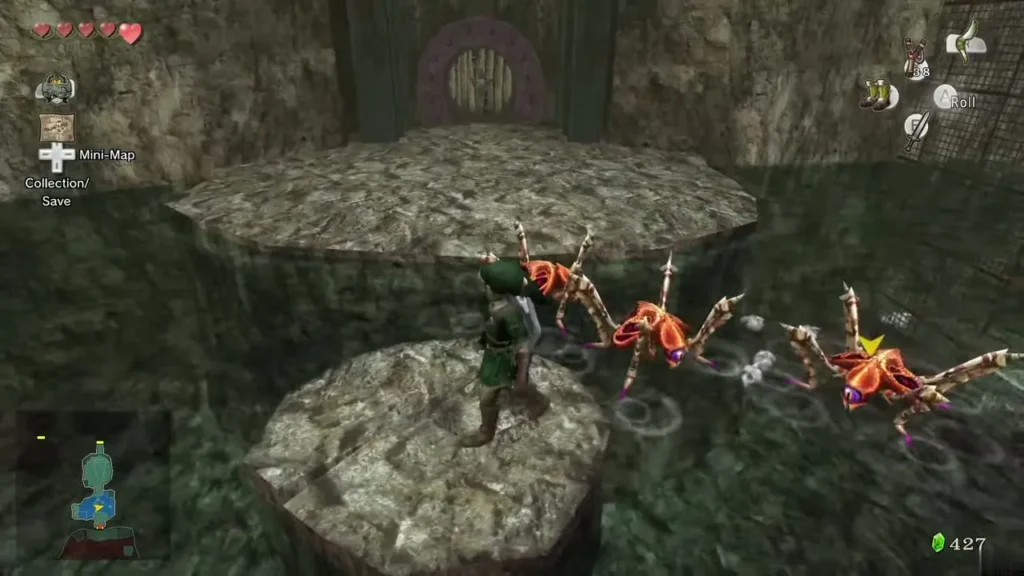 Link on a stump in the Goron Mines pool with red tektites on the stumps around him Link on a stump in the Goron Mines pool with red tektites on the stumps around him