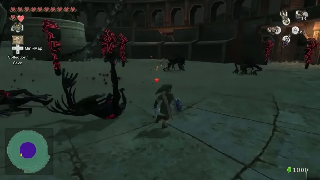 Link slashing a Shadow Beast in a stone arena with red glyphs Link slashing a Shadow Beast in a stone arena with red glyphs