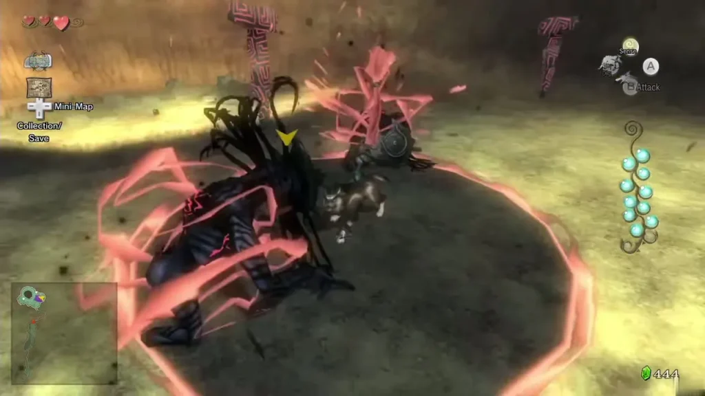 Wolf Link's glowing energy field hitting a Shadow Beast in an arena Wolf Link's glowing energy field hitting a Shadow Beast in an arena