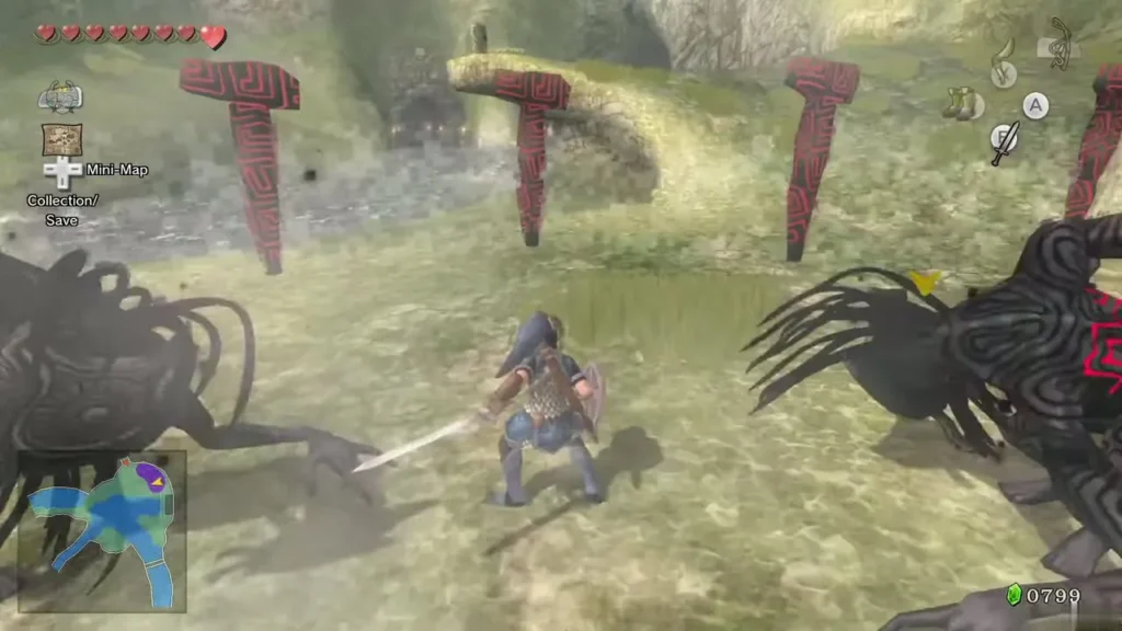 Link with a sword facing Shadow Beasts near red totem posts Link with a sword facing Shadow Beasts near red totem posts
