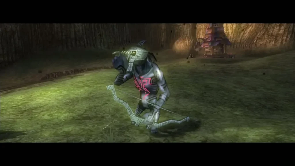 Armored Shadow Bulblin archer drawing a bow on a grassy hillside Armored Shadow Bulblin archer drawing a bow on a grassy hillside