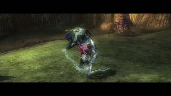Armored Shadow Bulblin archer drawing a bow on a grassy hillside Armored Shadow Bulblin archer drawing a bow on a grassy hillside