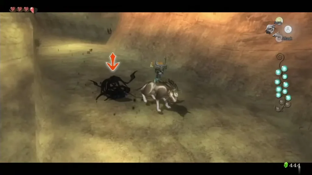 Wolf Link beside a dark Shadow Insect lying on a sandy slope Wolf Link beside a dark Shadow Insect lying on a sandy slope