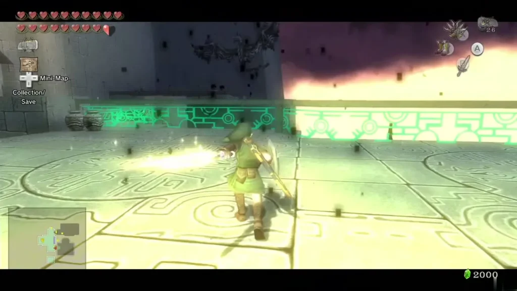 Link facing a Shadow Kargarok on a green-carved balcony Link facing a Shadow Kargarok on a green-carved balcony
