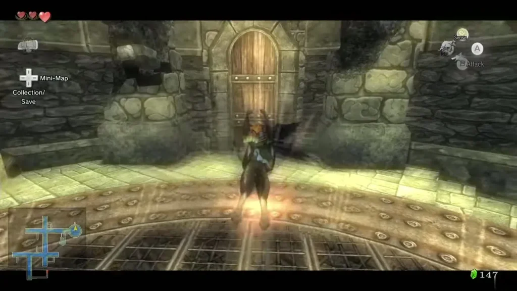 Wolf Link at a wooden castle door with dark shapes swooping behind him Wolf Link at a wooden castle door with dark shapes swooping behind him