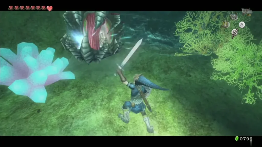 Link slashing at an open Shell Blade beside glowing coral on the lakebed floor Link slashing at an open Shell Blade beside glowing coral on the lakebed floor