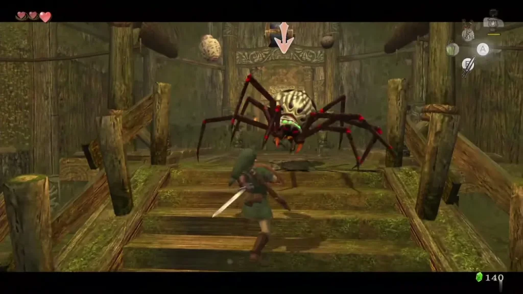 Link fighting a red-legged Skulltula on wooden stairs Link fighting a red-legged Skulltula on wooden stairs