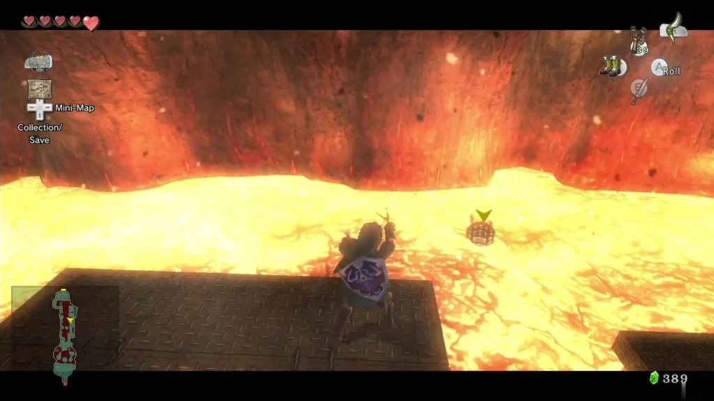 Link aiming the Slingshot at a Toadpoli swimming in lava in the Goron Mines Link aiming the Slingshot at a Toadpoli swimming in lava in the Goron Mines