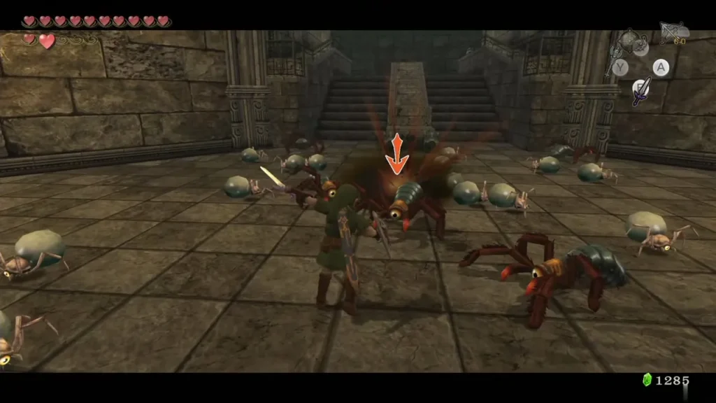 Link surrounded by a swarm of small spiders on a dungeon floor Link surrounded by a swarm of small spiders on a dungeon floor