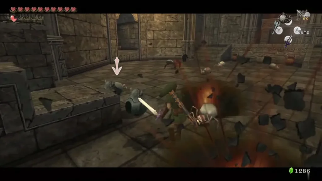 Link slashing a small spider with a bright sword spark Link slashing a small spider with a bright sword spark