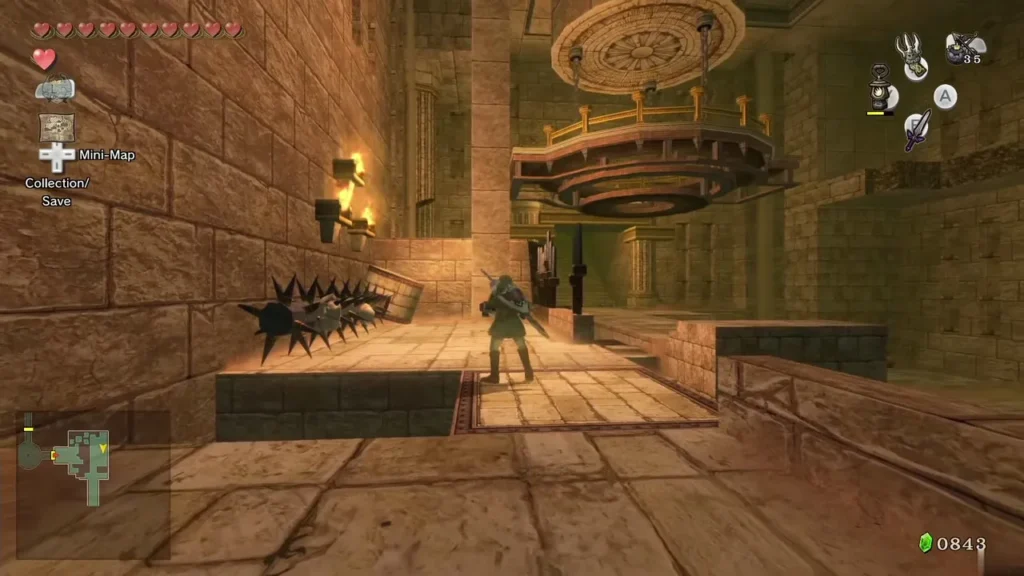 Link running past spike traps in a stone dungeon hall Link running past spike traps in a stone dungeon hall