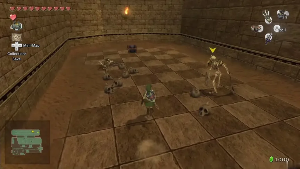 Stalfos standing across a checkered room from Link Stalfos standing across a checkered room from Link