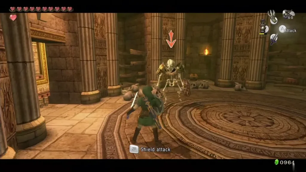 Link facing a Stalfos with sword and shield in a columned hall Link facing a Stalfos with sword and shield in a columned hall