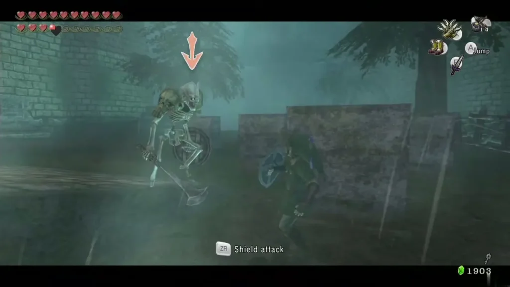Stalfos with a sword and shield attacking Link in a misty graveyard Stalfos with a sword and shield attacking Link in a misty graveyard