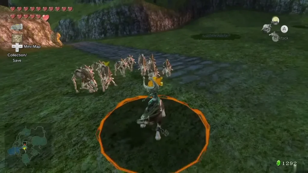 Skeletal dogs lined up on a grassy road in Hyrule Field, Wolf Link at the front Skeletal dogs lined up on a grassy road in Hyrule Field, Wolf Link at the front