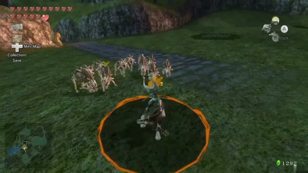 Skeletal dogs lined up on a grassy road in Hyrule Field, Wolf Link at the front Skeletal dogs lined up on a grassy road in Hyrule Field, Wolf Link at the front