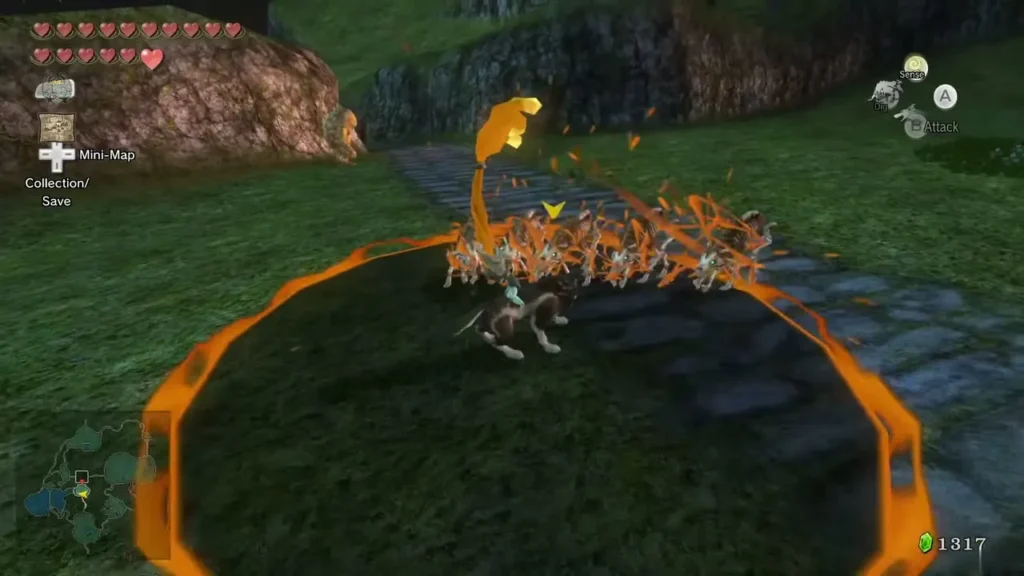 A pack of skeletal dogs bursting apart in orange flames on the Hyrule Field road A pack of skeletal dogs bursting apart in orange flames on the Hyrule Field road