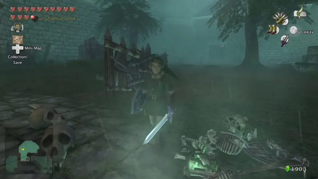 Link standing over cleared skeleton remains in the Hyrule Castle graveyard Link standing over cleared skeleton remains in the Hyrule Castle graveyard