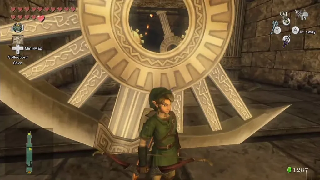 Link standing in front of a huge swinging blade in the Temple of Time Link standing in front of a huge swinging blade in the Temple of Time