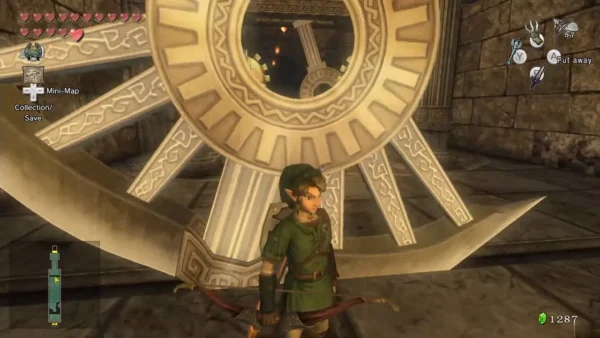 Link standing in front of a huge swinging blade in the Temple of Time Link standing in front of a huge swinging blade in the Temple of Time
