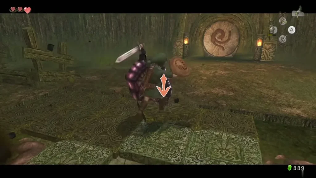 Link slashing a tile worm flipped onto the Forest Temple floor tiles Link slashing a tile worm flipped onto the Forest Temple floor tiles