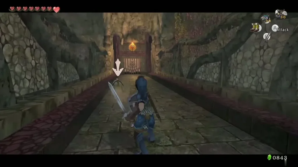 Link advancing along a Lakebed Temple walkway toward a Toadpoli with sword ready Link advancing along a Lakebed Temple walkway toward a Toadpoli with sword ready