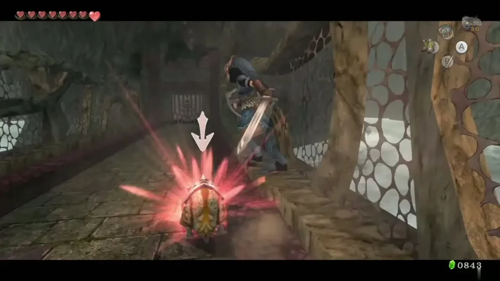 Link striking a Toadpoli on the walkway in a flash of red sparks Link striking a Toadpoli on the walkway in a flash of red sparks