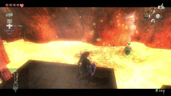A Toadpoli with its mouth open in the lava beside a metal grate walkway in the Goron Mines A Toadpoli with its mouth open in the lava beside a metal grate walkway in the Goron Mines