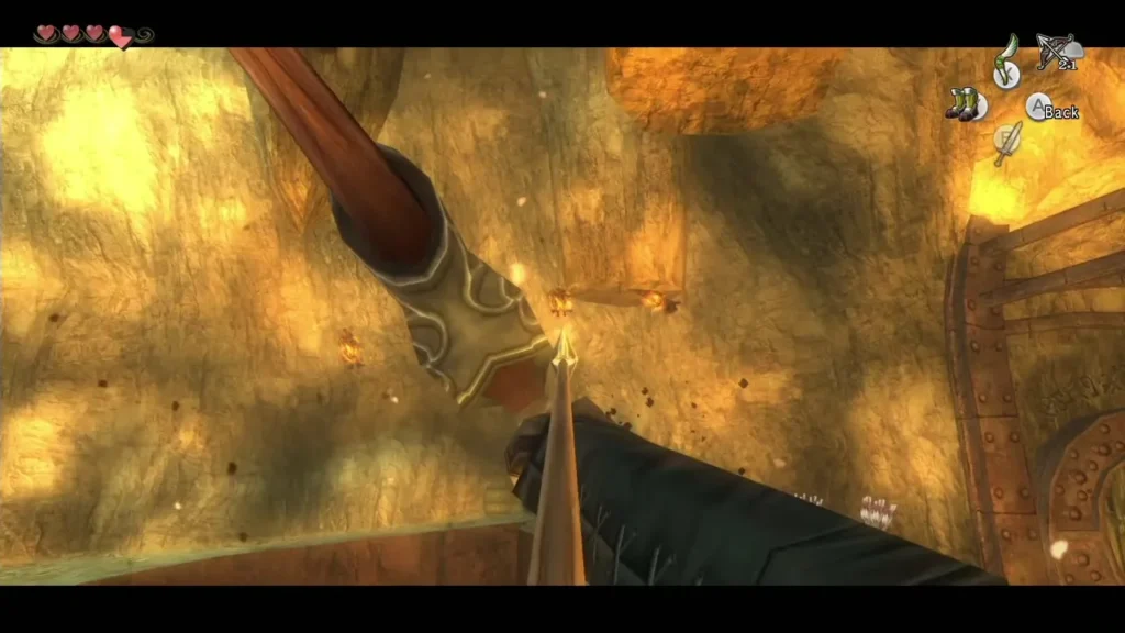 Link shooting a fire slug on the lava hall ceiling with his bow Link shooting a fire slug on the lava hall ceiling with his bow