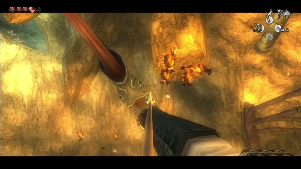 Link aiming his bow up at fire slugs clinging to the lava hall ceiling Link aiming his bow up at fire slugs clinging to the lava hall ceiling