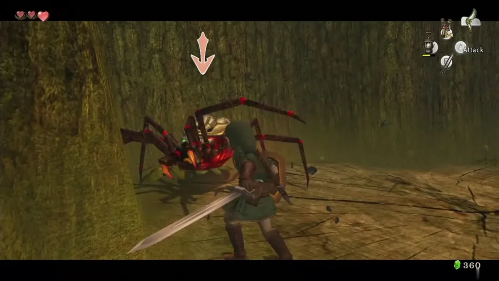 Link slashing a red-legged spider on a mossy wooden wall Link slashing a red-legged spider on a mossy wooden wall